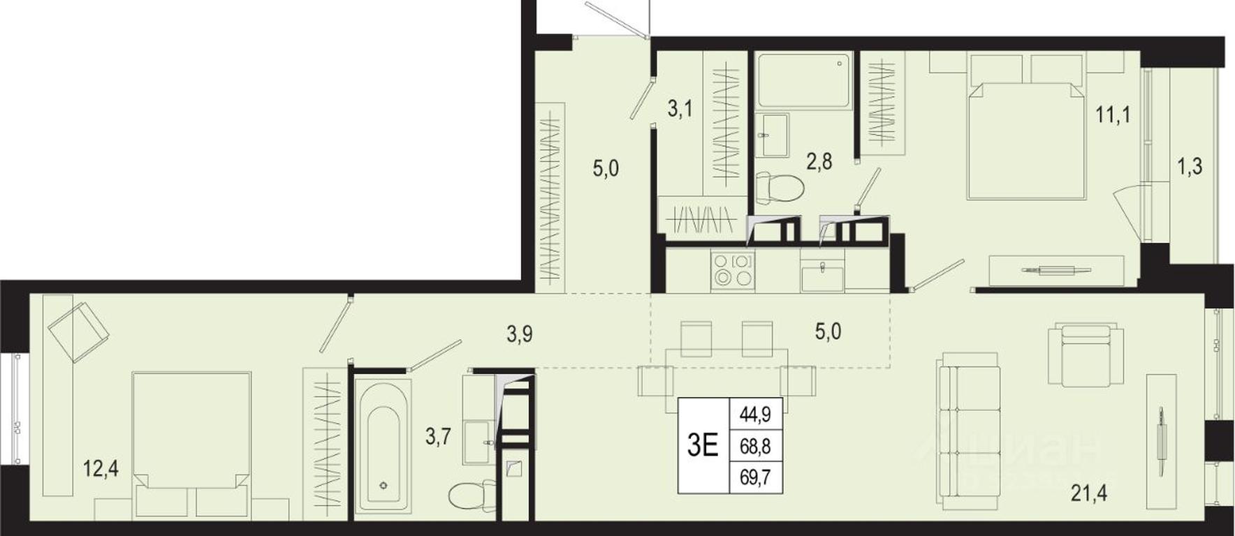 2-BD Apartment Sale, 68.8 sq. m. at Novaya Shcherbinka, Borisovka Village, Podolsk City District, Moscow Region, Russia #1