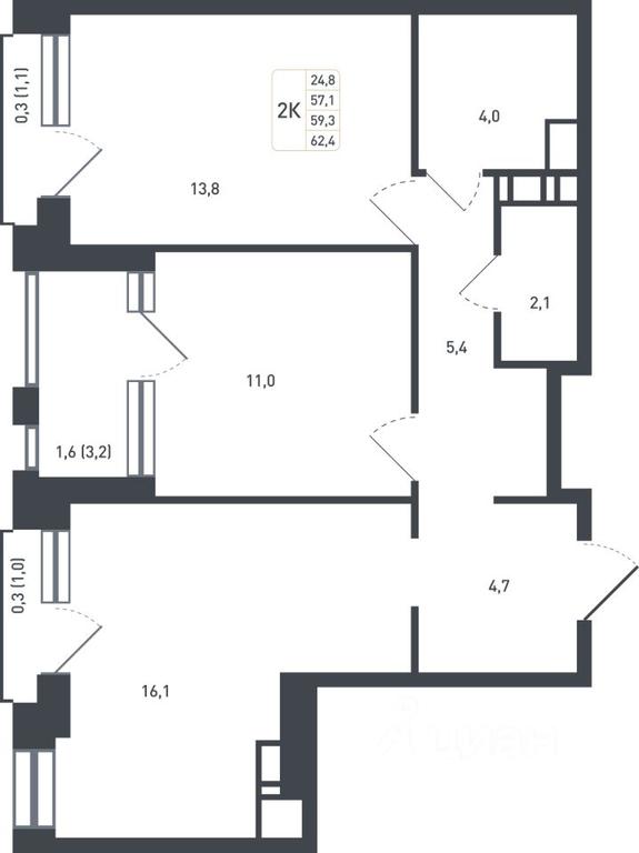 1-BD Apartment Sale, 59.3 sq. m. at Novaya Shcherbinka, Borisovka Village, Podolsk City District, Moscow Region, Russia #1