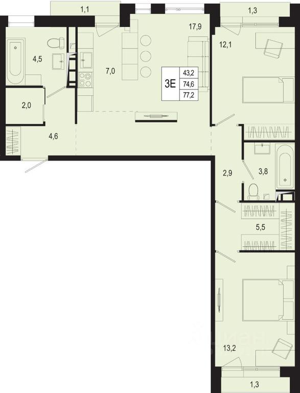 2-BD Apartment Sale, 74.6平方米 at Novaya Shcherbinka, Borisovka Village, Podolsk City District, Moscow Region, Russia #1