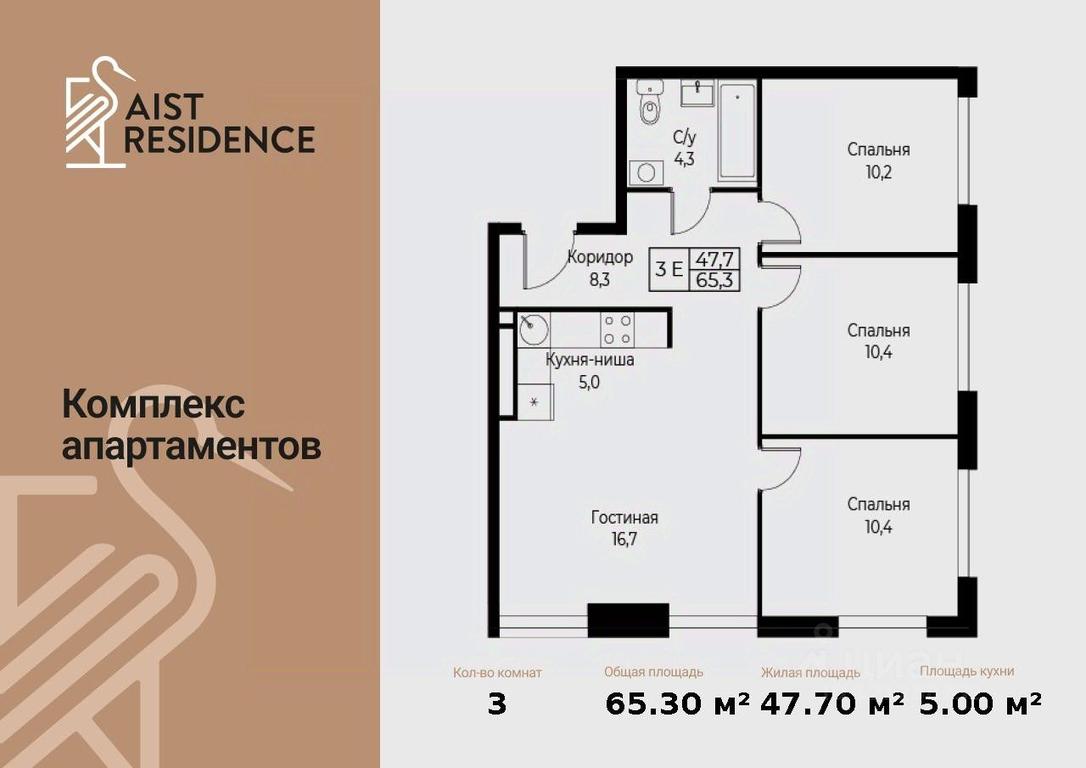 3-BD Apartment Sale, 65.3 sq. m. at Kompleks apartamentov AIST RESIDENCE (Aist Rezidens), Namyotkina Street, 10Д, Moscow, Russia #1