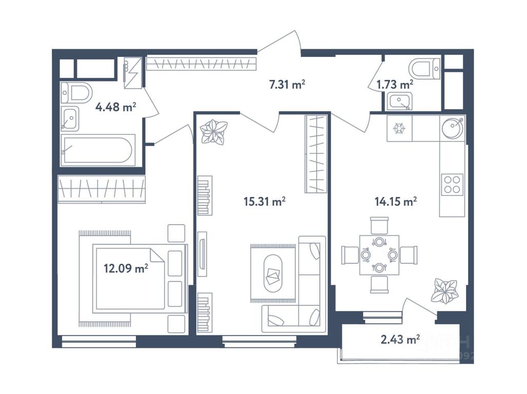 1-BD Apartment Sale, 56.29 sq. m. at Svetly mir BioPolis, posyolok Meshcherino, Leninskiy City District, Moscow Region, Russia #1