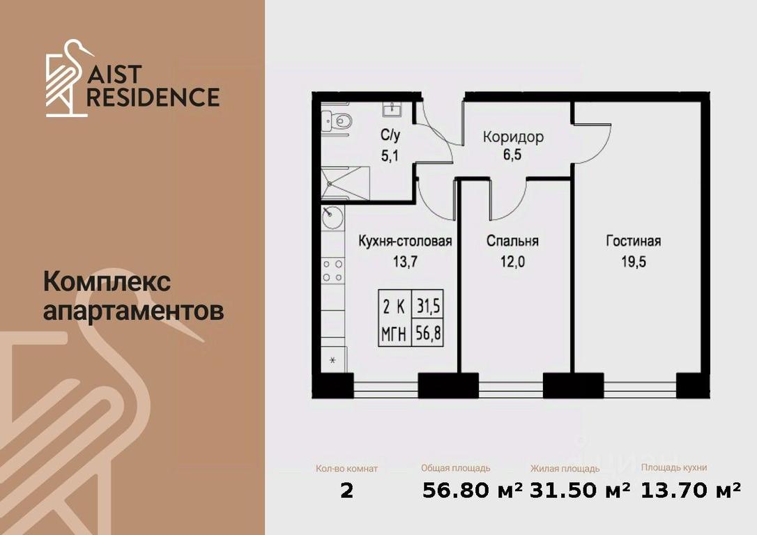 1-BD Apartment Sale, 56.8 sq. m. at Kompleks apartamentov AIST RESIDENCE (Aist Rezidens), Namyotkina Street, 10Д, Moscow, Russia #1