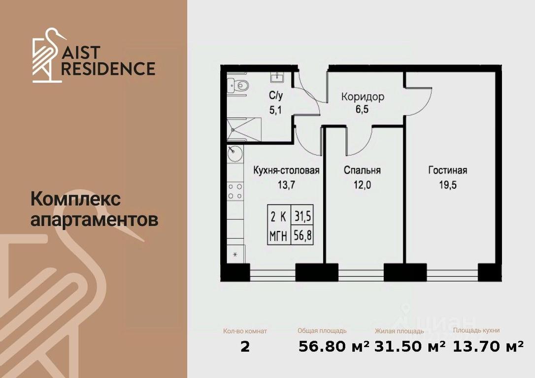 1-BD Apartment Sale, 56.8平方米 at Kompleks apartamentov AIST RESIDENCE (Aist Rezidens), Namyotkina Street, 10Д, Moscow, Russia #1