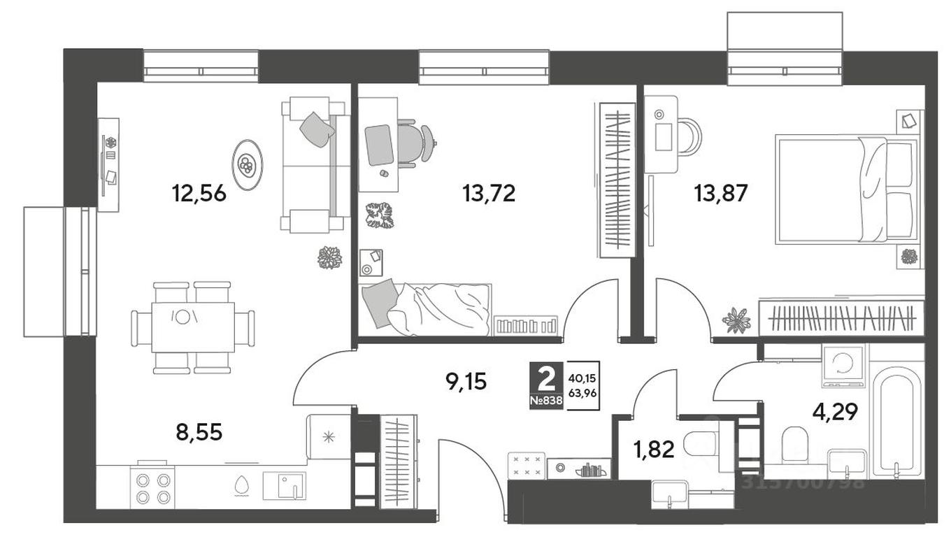 1-BD Apartment Sale, 63.96平方米 at Publitsist, ulitsa Zelyonaya Roshcha, Pushkino, Moscow Region, Russia #1