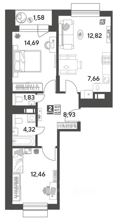 1-BD Apartment Sale, 64.29 sq. m. at Publitsist, ulitsa Zelyonaya Roshcha, Pushkino, Moscow Region, Russia #1