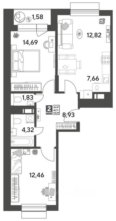 1-BD Apartment Sale, 64.29平方米 at Publitsist, ulitsa Zelyonaya Roshcha, Pushkino, Moscow Region, Russia #1