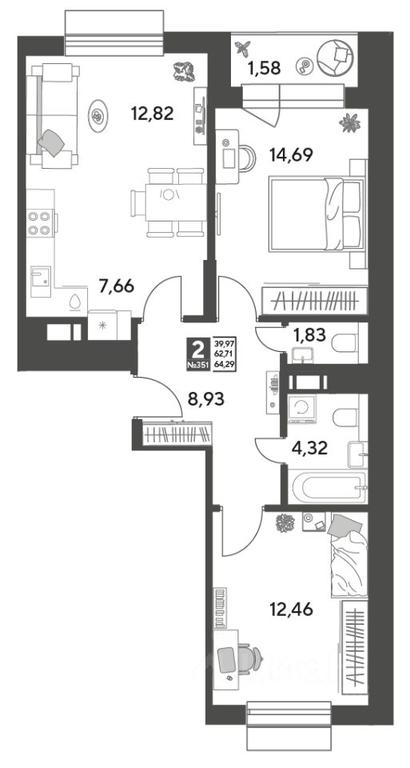 1-BD Apartment Sale, 64.29平方米 at Publitsist, ulitsa Zelyonaya Roshcha, Pushkino, Moscow Region, Russia #2
