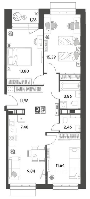 2-BD Apartment Sale, 77.71平方米 at Publitsist, ulitsa Zelyonaya Roshcha, Pushkino, Moscow Region, Russia #2 2-BD Apartment Sale, 77.71平方米 at Publitsist, ulitsa Zelyonaya Roshcha, Pushkino, Moscow Region, Russia #2