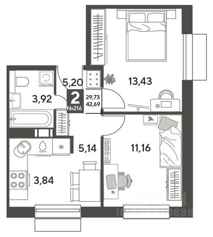 1-BD Apartment Sale, 42.69平方米 at Publitsist, ulitsa Zelyonaya Roshcha, Pushkino, Moscow Region, Russia #2