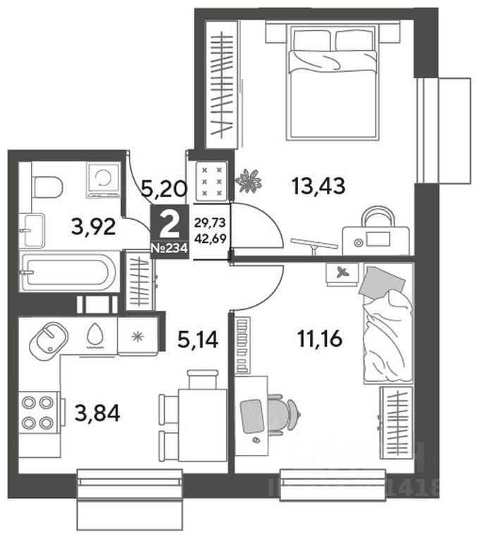 1-BD Apartment Sale, 42.69平方米 at Publitsist, ulitsa Zelyonaya Roshcha, Pushkino, Moscow Region, Russia #1