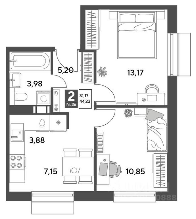 1-BD Apartment Sale, 44.23平方米 at Publitsist, ulitsa Zelyonaya Roshcha, Pushkino, Moscow Region, Russia #1 1-BD Apartment Sale, 44.23平方米 at Publitsist, ulitsa Zelyonaya Roshcha, Pushkino, Moscow Region, Russia #1