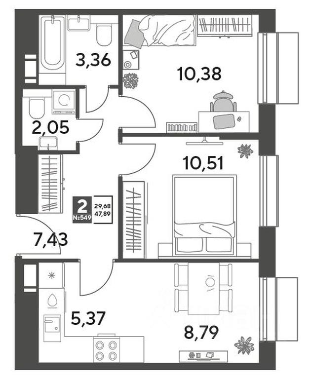 1-BD Apartment Sale, 47.89平方米 at Publitsist, ulitsa Zelyonaya Roshcha, Pushkino, Moscow Region, Russia #2