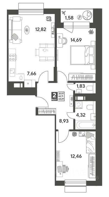 1-BD Apartment Sale, 64.29平方米 at Publitsist, ulitsa Zelyonaya Roshcha, Pushkino, Moscow Region, Russia #1