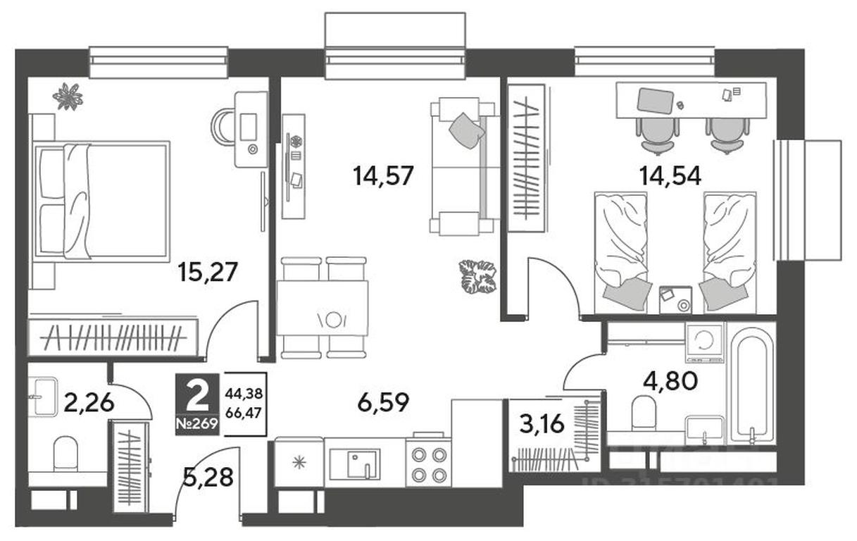 1-BD Apartment Sale, 66.47 sq. m. at Publitsist, ulitsa Zelyonaya Roshcha, Pushkino, Moscow Region, Russia #1
