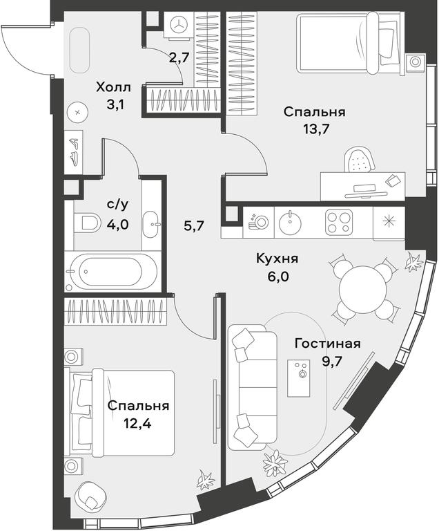 1-BD Apartment Sale, 57.3平方米 at Alia, Lyotnaya Street, 95Бк2, Moscow, Russia #1