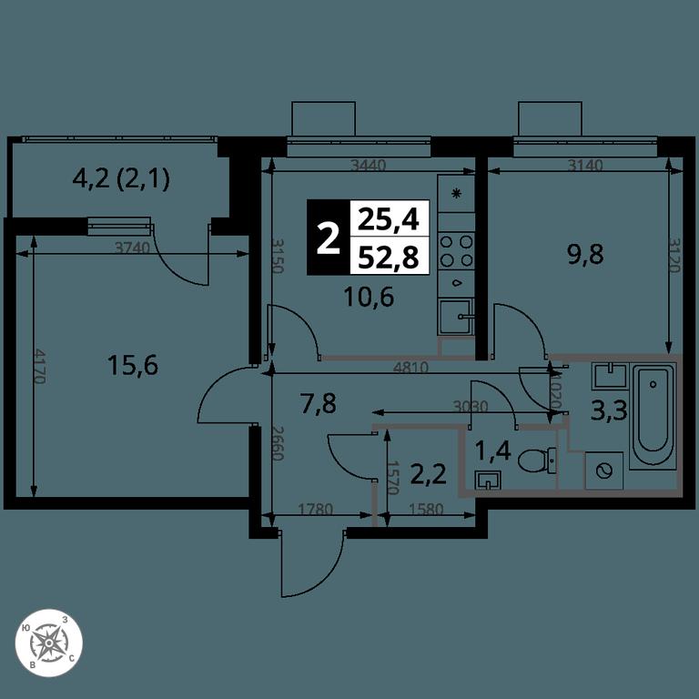 2-BD Apartment Sale, 52.8 sq. m. at Pervy Sheremetevskij, Komsomolskaya Street, 16, Khimki, Moscow Region, Russia #2