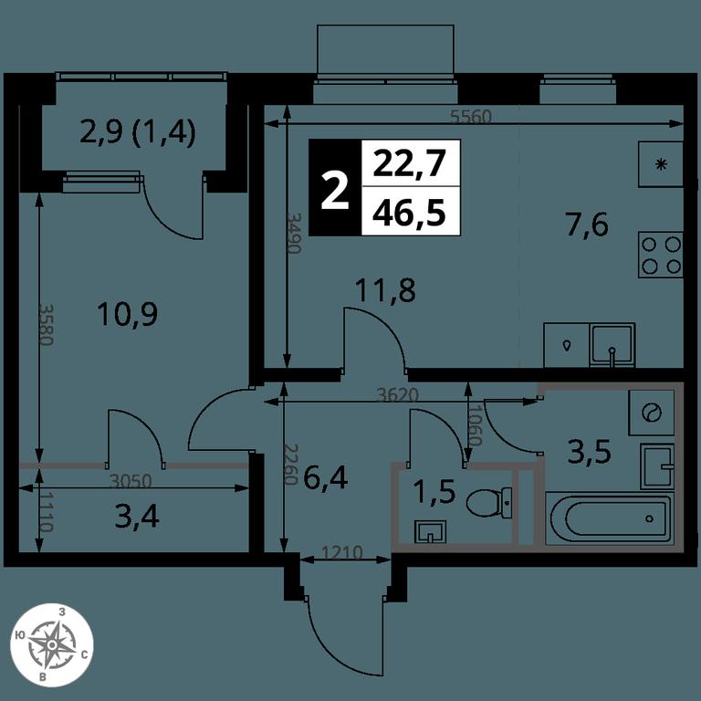 2-BD Apartment Sale, 46.5 sq. m. at 1 Yasenevskij, Kvartal № 24, Mosrentgen Settlement, Moscow, Russia #1 2-BD Apartment Sale, 46.5 sq. m. at 1 Yasenevskij, Kvartal № 24, Mosrentgen Settlement, Moscow, Russia #1
