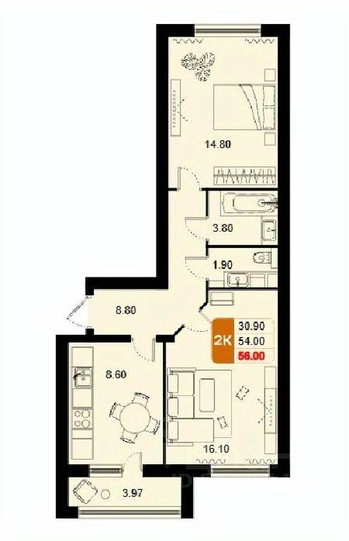1-BD Apartment Sale, 56平方米 at Domodedovo park, Tvorchestva Street, Domodedovo Village, Domodedovo City District, Moscow Region, Russia #1