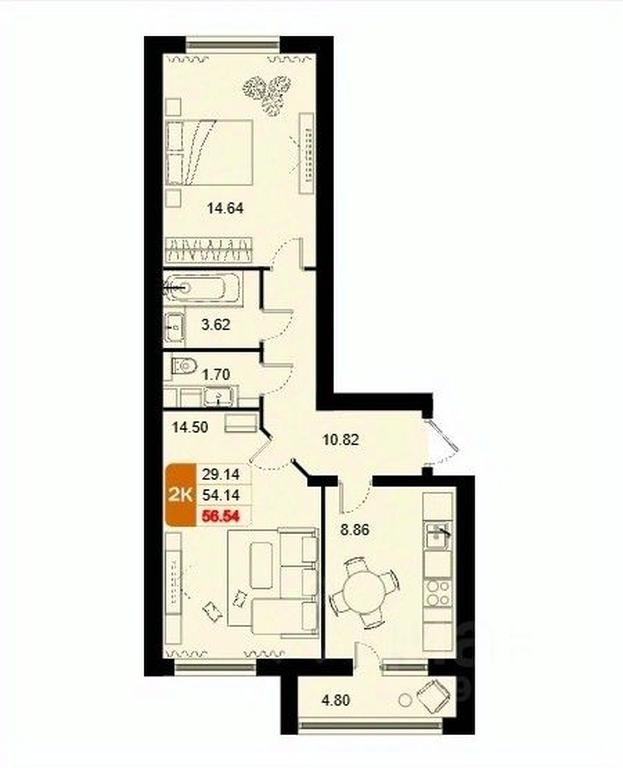 1-BD Apartment Sale, 56.54平方米 at Domodedovo park, Tvorchestva Street, Domodedovo Village, Domodedovo City District, Moscow Region, Russia #1