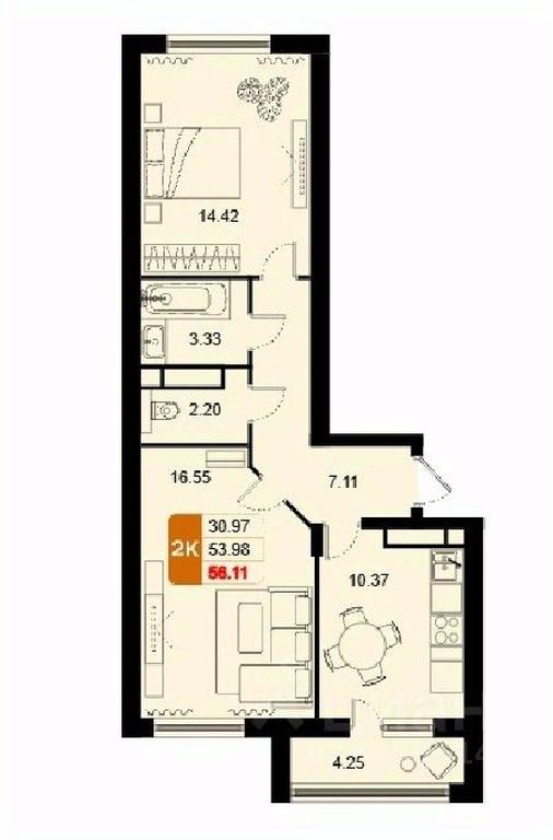 1-BD Apartment Sale, 56.11平方米 at Domodedovo park, Tvorchestva Street, Domodedovo Village, Domodedovo City District, Moscow Region, Russia #1