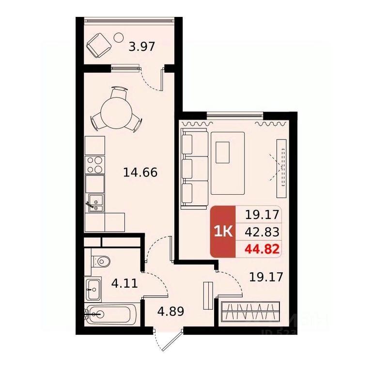 Apartment Sale, 44.82平方米 at Domodedovo park, Tvorchestva Street, Domodedovo Village, Domodedovo City District, Moscow Region, Russia #1