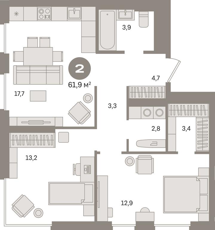 2-BD Apartment Sale, 61.9平方米 at Kvartal Gercena, zhiloy kompleks Kvartal Gertsena, Moscow, Russia #1