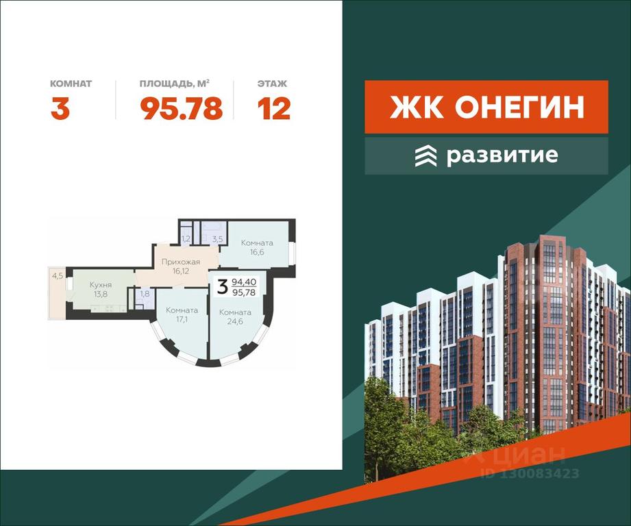 2-BD Apartment Sale, 95.78 sq. m. at Art-kvartal Onegin, Sadovaya Street, 3к1, Krasnaya Gorka Microdistrict, Podolsk, Moscow Region, Russia #2