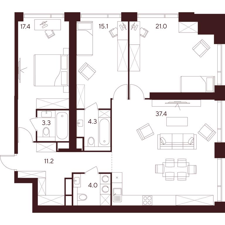 3-BD Apartment Sale, 113.7 sq. m. at INDY TOWERS (Indi Tauerz), Kuusinen Street, Moscow, Russia #1