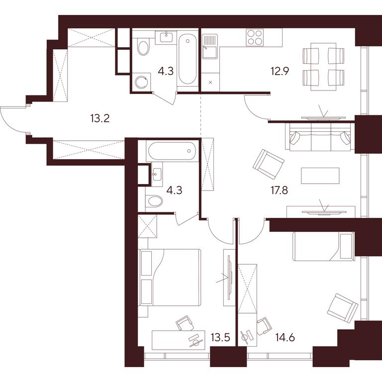 3-BD Apartment Sale, 80.6 sq. m. at INDY TOWERS (Indi Tauerz), Kuusinen Street, Moscow, Russia #1