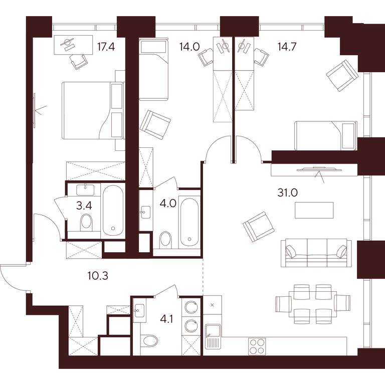 3-BD Apartment Sale, 98.9平方米 at INDY TOWERS (Indi Tauerz), Kuusinen Street, Moscow, Russia #1
