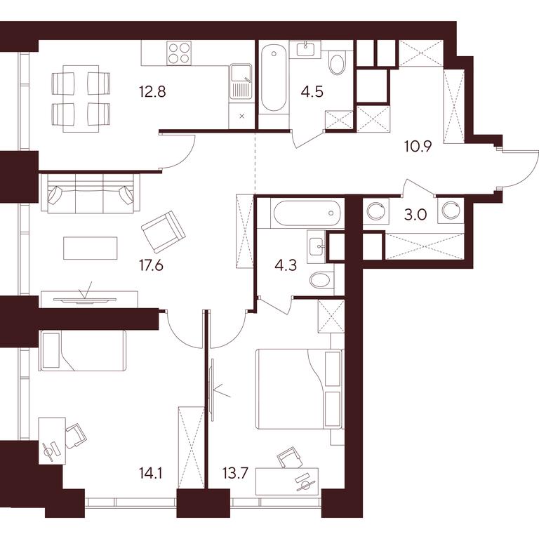 3-BD Apartment Sale, 80.9 sq. m. at INDY TOWERS (Indi Tauerz), Kuusinen Street, Moscow, Russia #1