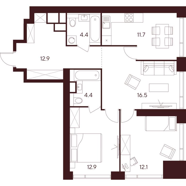 3-BD Apartment Sale, 74.9平方米 at INDY TOWERS (Indi Tauerz), Kuusinen Street, Moscow, Russia #1