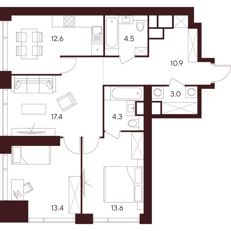 3-BD Apartment Sale, 79.7 sq. m. at INDY TOWERS (Indi Tauerz), Kuusinen Street, Moscow, Russia #1