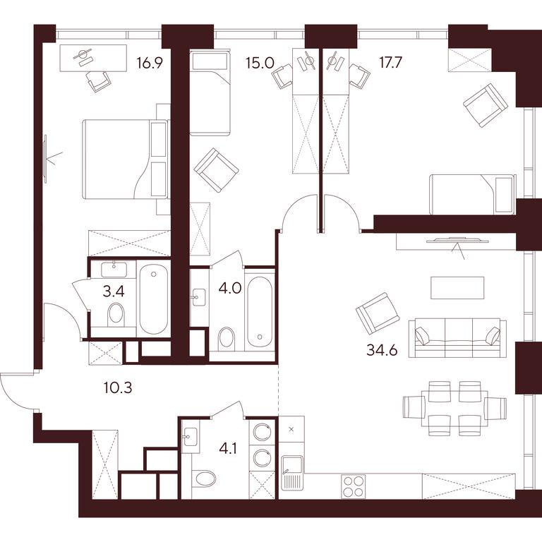 3-BD Apartment Sale, 106 sq. m. at INDY TOWERS (Indi Tauerz), Kuusinen Street, Moscow, Russia #1