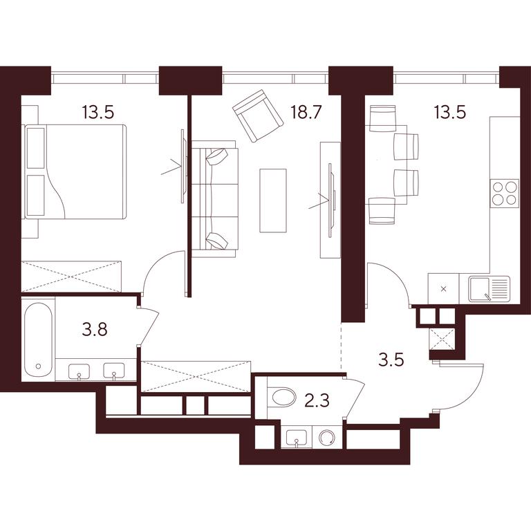 2-BD Apartment Sale, 55.3 sq. m. at INDY TOWERS (Indi Tauerz), Kuusinen Street, Moscow, Russia #1