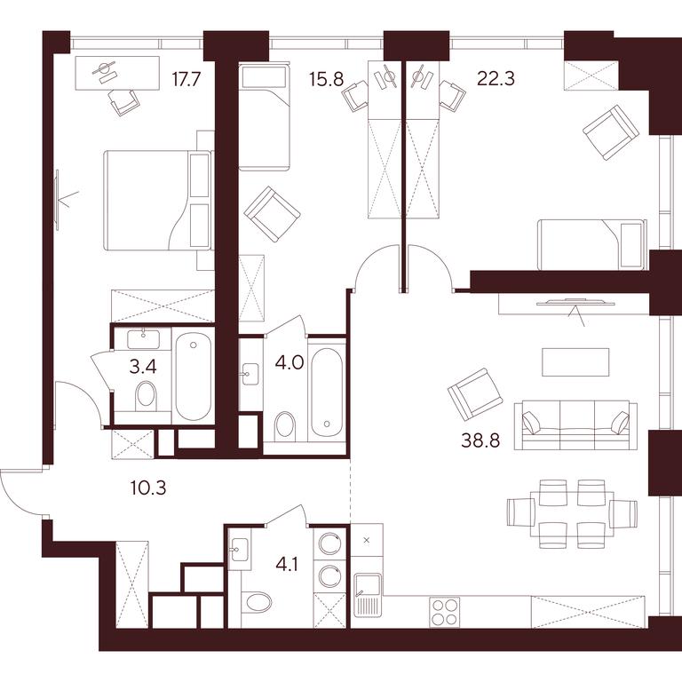 3-BD Apartment Sale, 116.4 sq. m. at INDY TOWERS (Indi Tauerz), Kuusinen Street, Moscow, Russia #1
