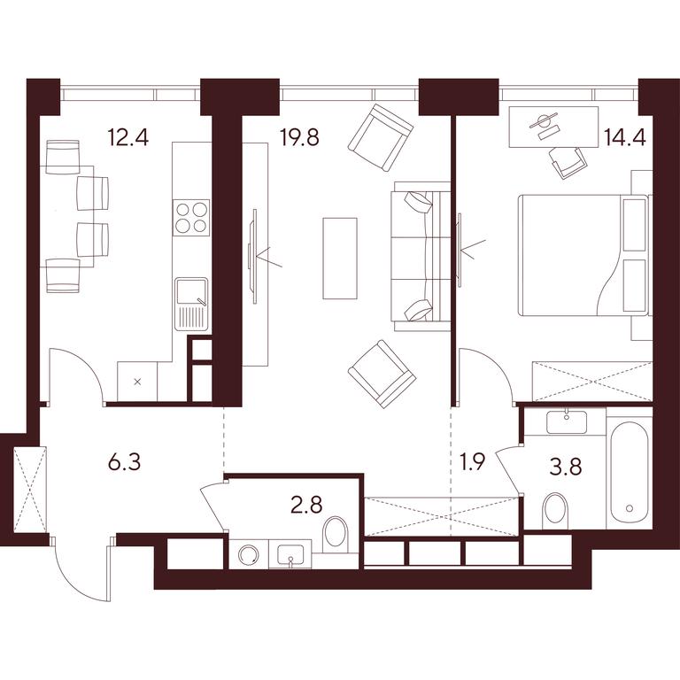 2-BD Apartment Sale, 61.4平方米 at INDY TOWERS (Indi Tauerz), Kuusinen Street, Moscow, Russia #1