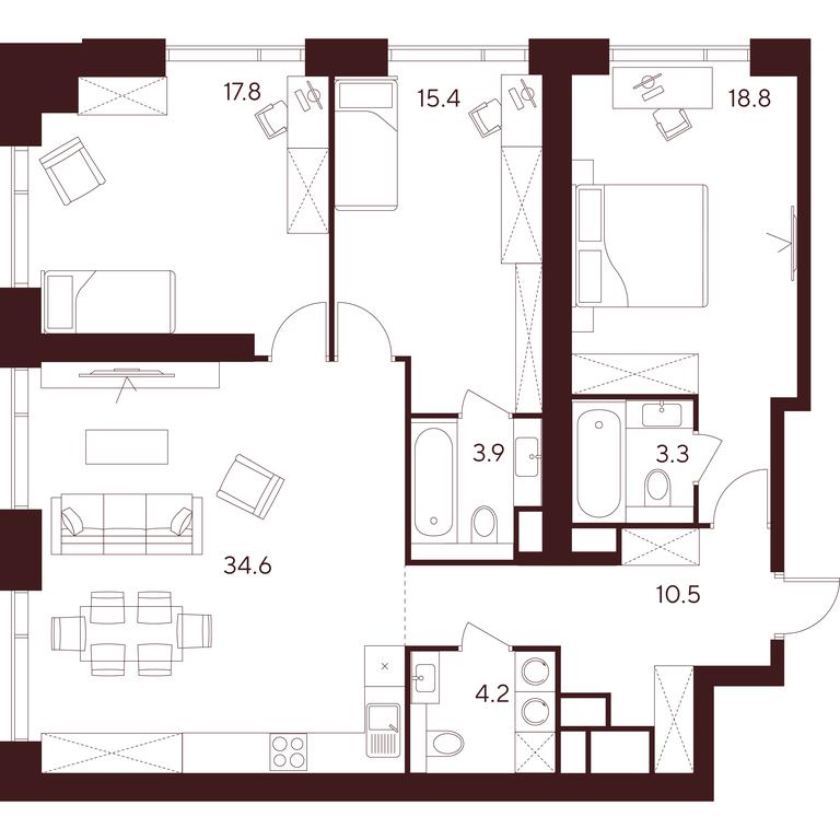 3-BD Apartment Sale, 108.5平方米 at INDY TOWERS (Indi Tauerz), Kuusinen Street, Moscow, Russia #1