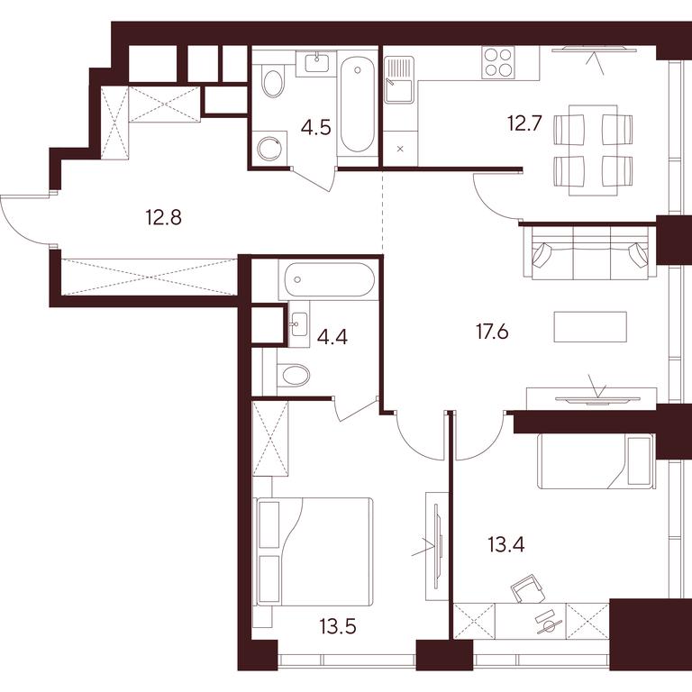 3-BD Apartment Sale, 78.9 sq. m. at INDY TOWERS (Indi Tauerz), Kuusinen Street, Moscow, Russia #1