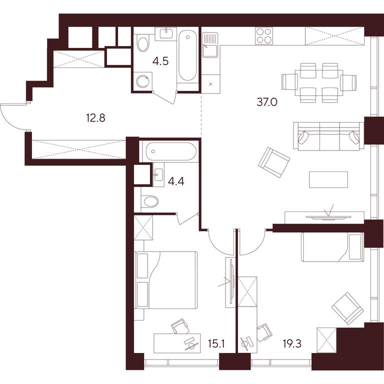 2-BD Apartment Sale, 93.1平方米 at INDY TOWERS (Indi Tauerz), Kuusinen Street, Moscow, Russia #1