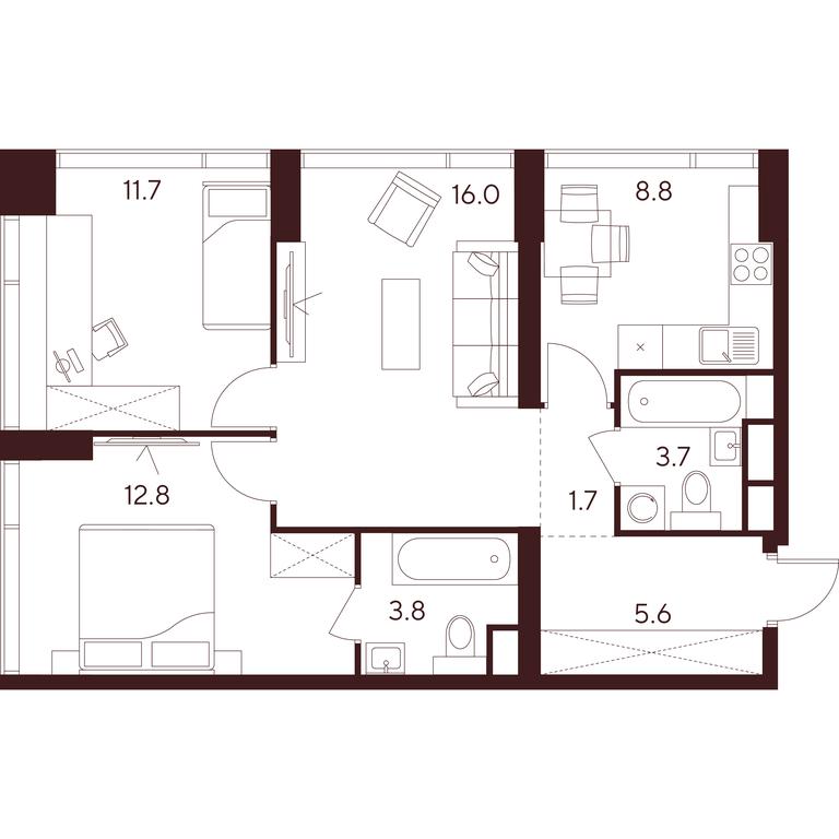 3-BD Apartment Sale, 64.1平方米 at INDY TOWERS (Indi Tauerz), Kuusinen Street, Moscow, Russia #1