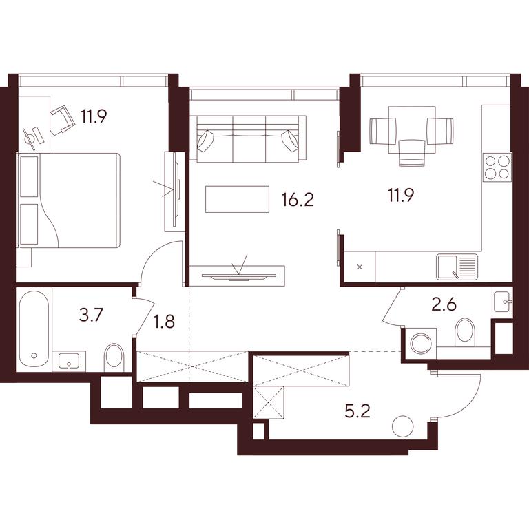 2-BD Apartment Sale, 53.3平方米 at INDY TOWERS (Indi Tauerz), Kuusinen Street, Moscow, Russia #1