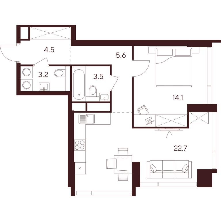 1-BD Apartment Sale, 53.6平方米 at INDY TOWERS (Indi Tauerz), Kuusinen Street, Moscow, Russia #1