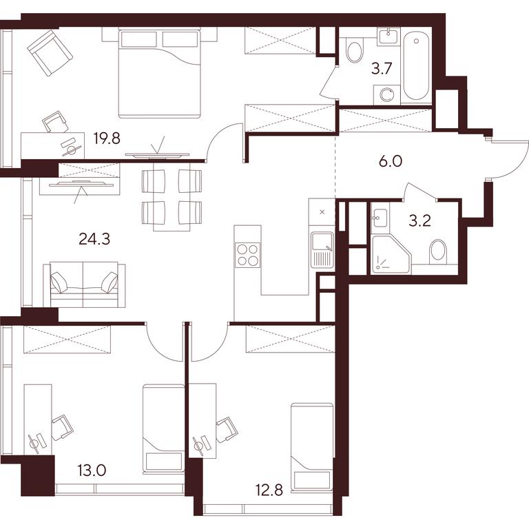 3-BD Apartment Sale, 82.8 sq. m. at INDY TOWERS (Indi Tauerz), Kuusinen Street, Moscow, Russia #1