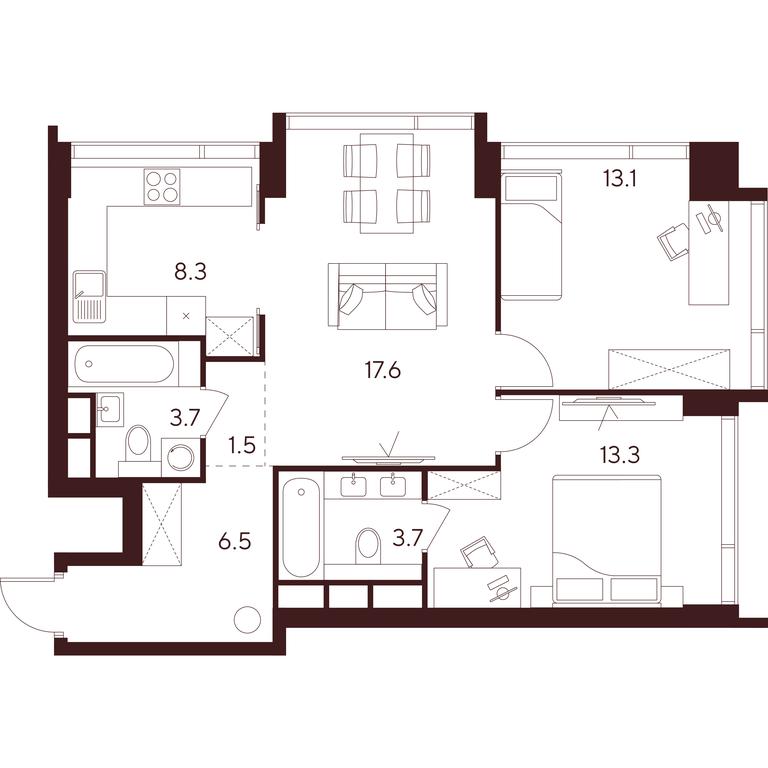 3-BD Apartment Sale, 67.7 sq. m. at INDY TOWERS (Indi Tauerz), Kuusinen Street, Moscow, Russia #1