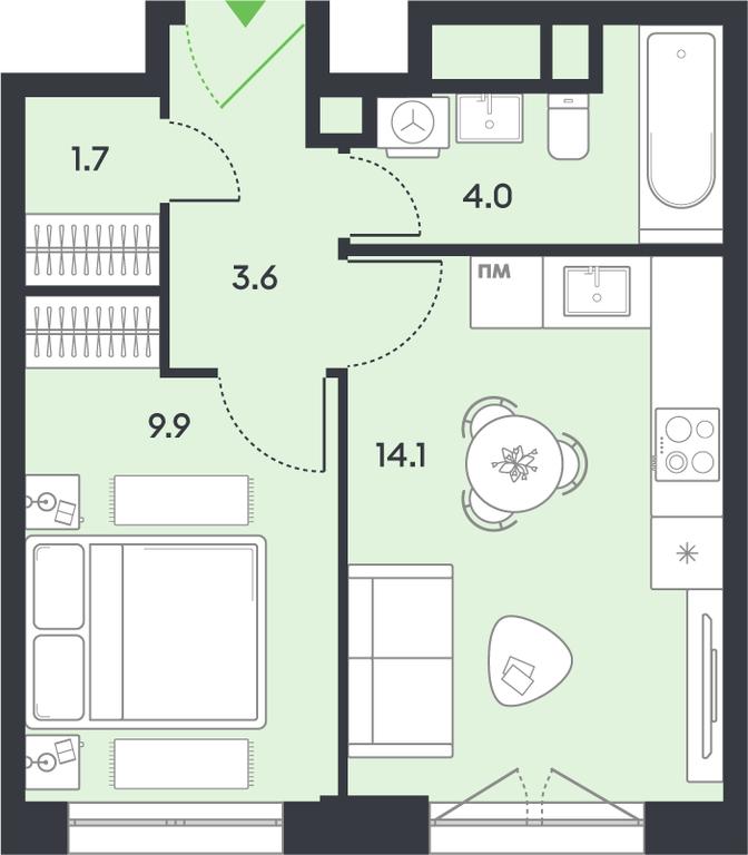 1-BD Apartment Sale, 33.3平方米 at balance, Ryazansky Avenue, Moscow, Russia #1
