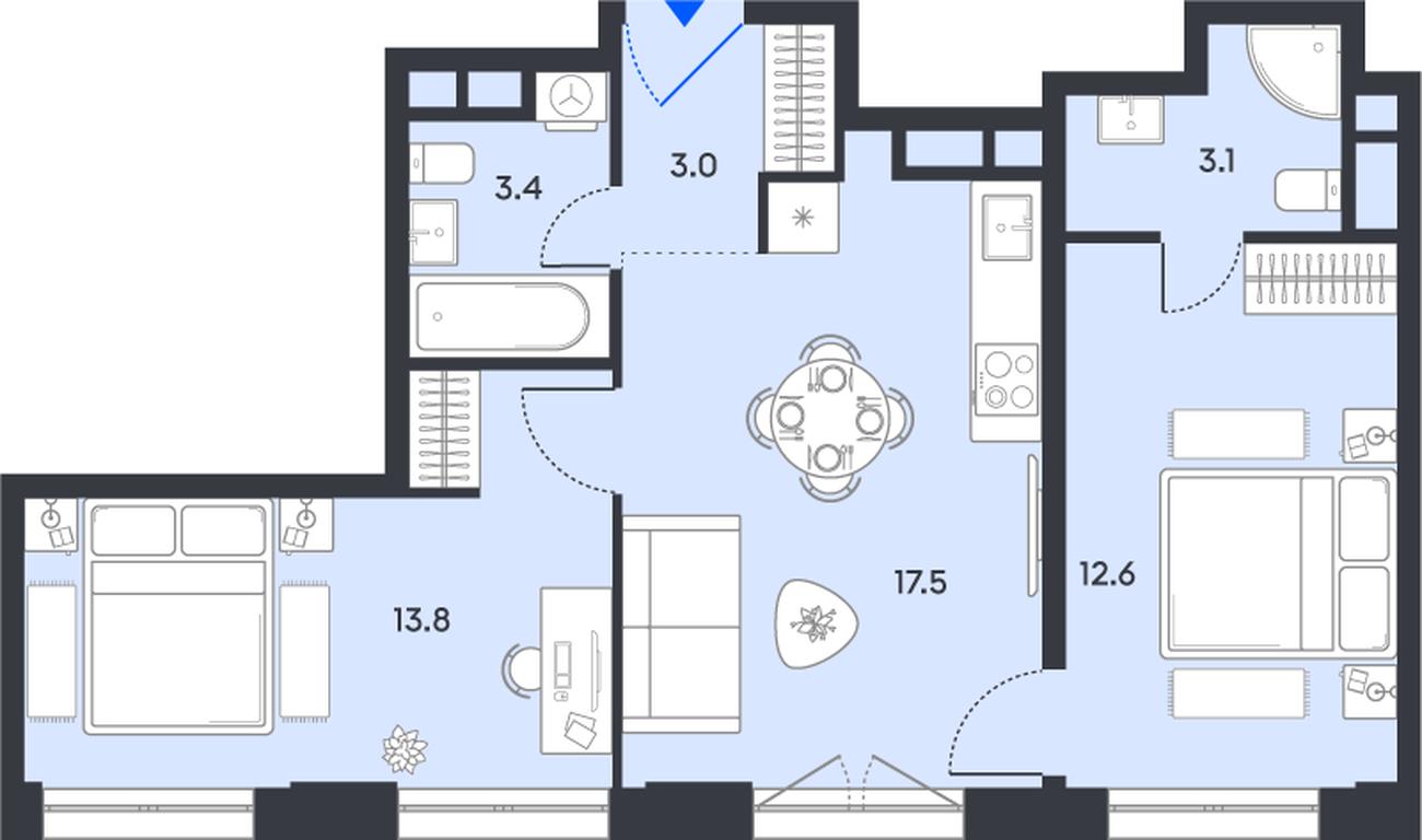 2-BD Apartment Sale, 53.4 sq. m. at balance, Ryazansky Avenue, Moscow, Russia #1