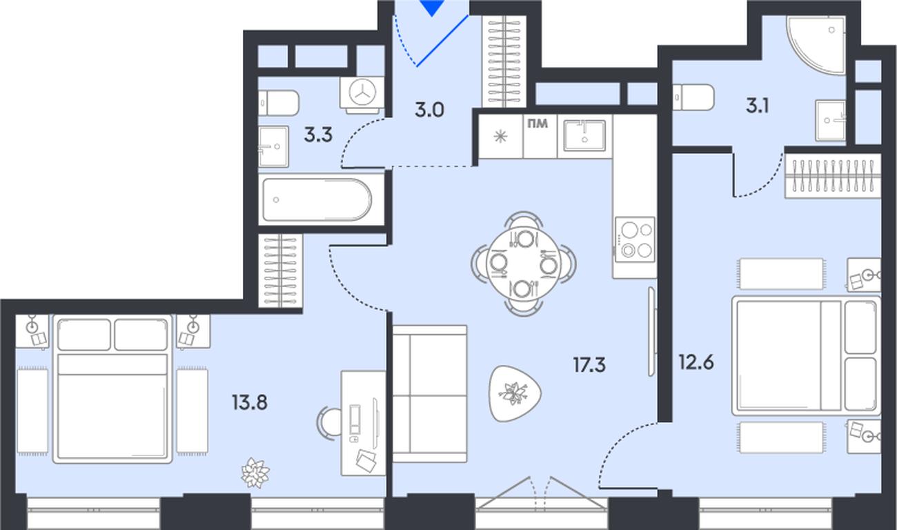 2-BD Apartment Sale, 53.1平方米 at balance, Ryazansky Avenue, Moscow, Russia #1