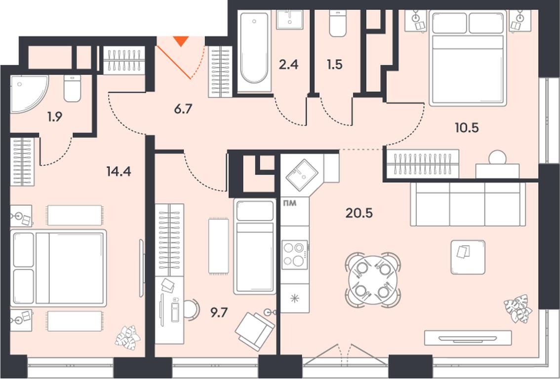 3-BD Apartment Sale, 67.6平方米 at balance, Ryazansky Avenue, Moscow, Russia #1