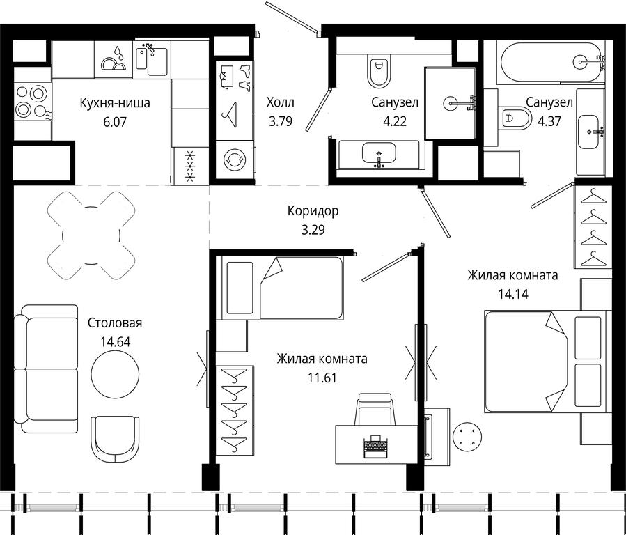 2-BD Apartment Sale, 62.11平方米 at Mod, 4th Maryinoy Roschi Street, 12с9, Moscow, Russia #1